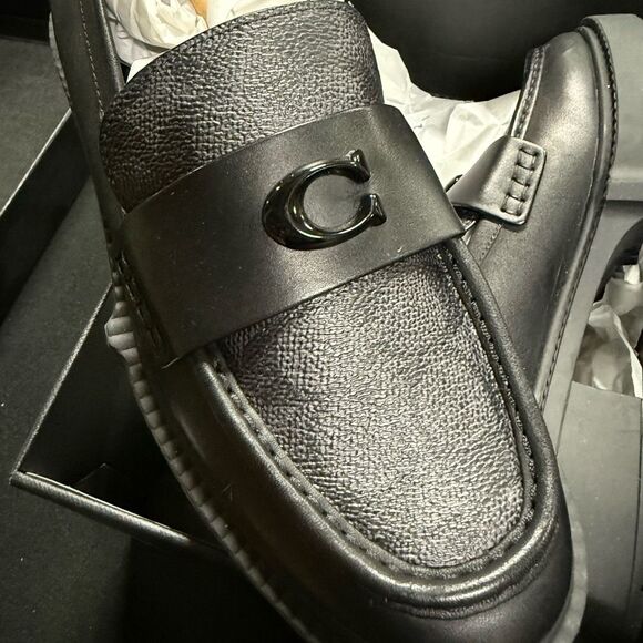 New Coach Leah Black Coated Canvas Chunky Platform Logo Loafers 8 - Picture 6 of 7